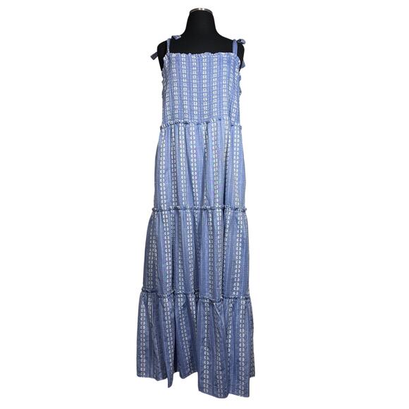 Draper James RSVP Tiered Maxi Dress Smocked Sleeveless with Tie Straps Blue XL - Picture 1 of 16